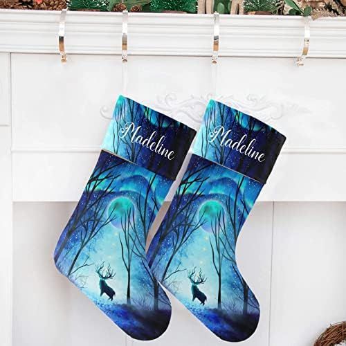  NZOOHY Deer Forest Night Woodland Christmas Stocking Custom Sock, Fireplace Hanging Stockings with Name Family Holiday Party Decor