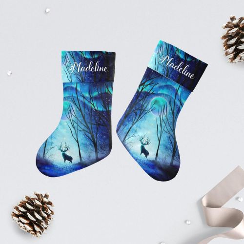  NZOOHY Deer Forest Night Woodland Christmas Stocking Custom Sock, Fireplace Hanging Stockings with Name Family Holiday Party Decor