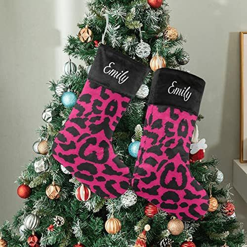  NZOOHY Lopard Pattern Design Personalized Christmas Stocking with Name, Custom Decoration Fireplace Hanging Stockings for Family Ornaments Holiday Party