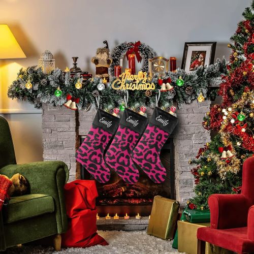  NZOOHY Lopard Pattern Design Personalized Christmas Stocking with Name, Custom Decoration Fireplace Hanging Stockings for Family Ornaments Holiday Party