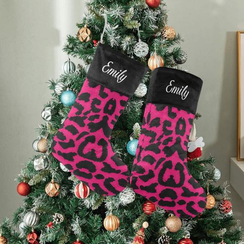  NZOOHY Lopard Pattern Design Personalized Christmas Stocking with Name, Custom Decoration Fireplace Hanging Stockings for Family Ornaments Holiday Party