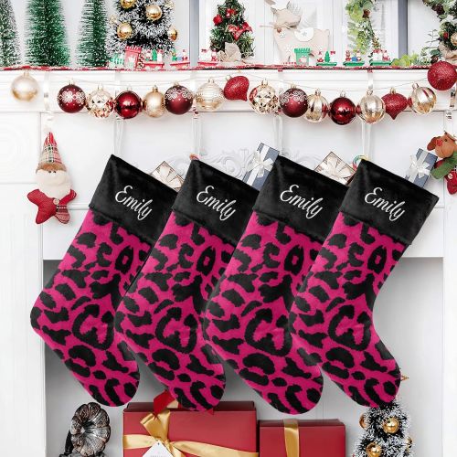  NZOOHY Lopard Pattern Design Personalized Christmas Stocking with Name, Custom Decoration Fireplace Hanging Stockings for Family Ornaments Holiday Party