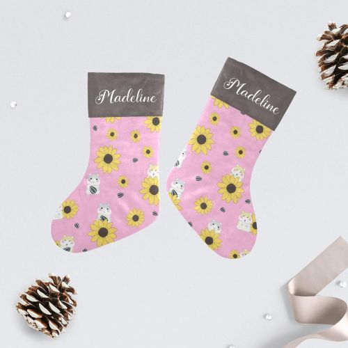  NZOOHY Pink Hamster and Sunflower Christmas Stocking Custom Sock, Fireplace Hanging Stockings with Name Family Holiday Party Decor