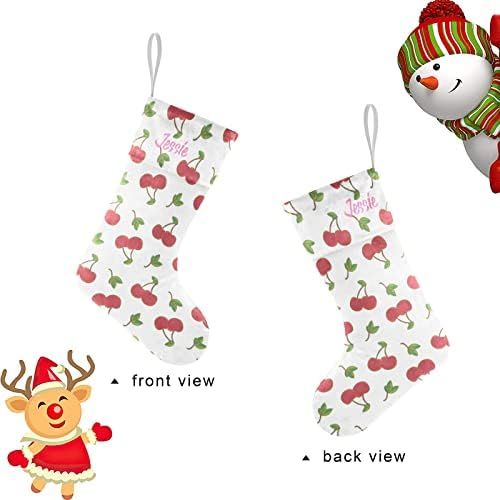  NZOOHY Cherry Pattern Personalized Christmas Stocking with Name, Custom Decoration Fireplace Hanging Stockings for Family Ornaments Holiday Party