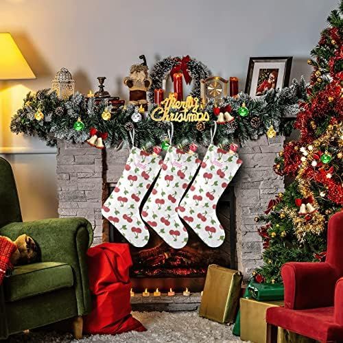  NZOOHY Cherry Pattern Personalized Christmas Stocking with Name, Custom Decoration Fireplace Hanging Stockings for Family Ornaments Holiday Party