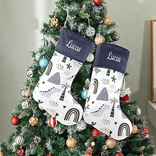  NZOOHY Dino with Scandinavian Personalized Christmas Stocking with Name, Custom Decoration Fireplace Hanging Stockings for Family Ornaments Holiday Party
