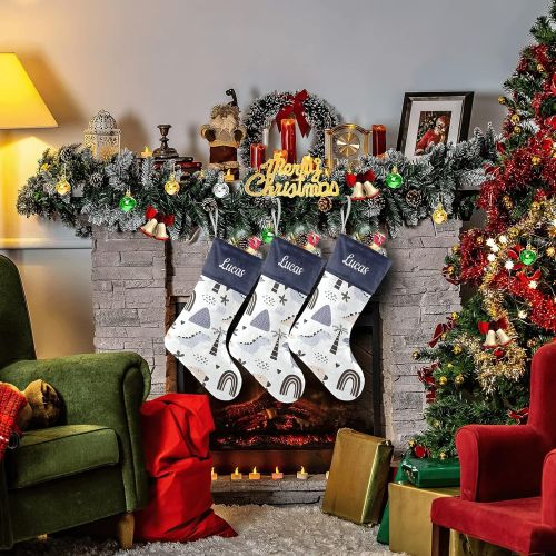  NZOOHY Dino with Scandinavian Personalized Christmas Stocking with Name, Custom Decoration Fireplace Hanging Stockings for Family Ornaments Holiday Party