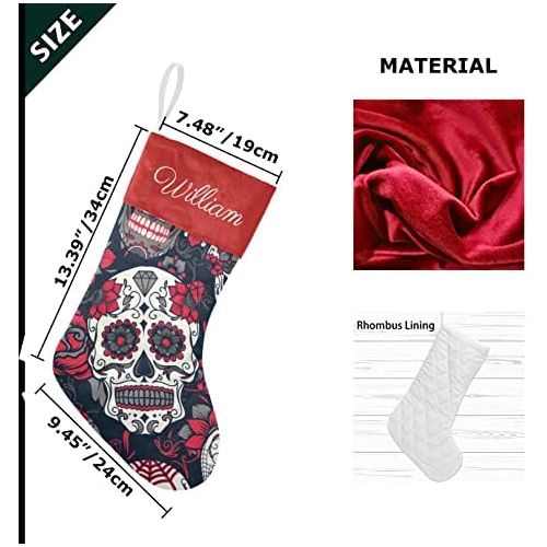  NZOOHY Sugar Skull Floral Personalized Christmas Stocking with Name, Custom Decoration Fireplace Hanging Stockings for Family Ornaments Holiday Party