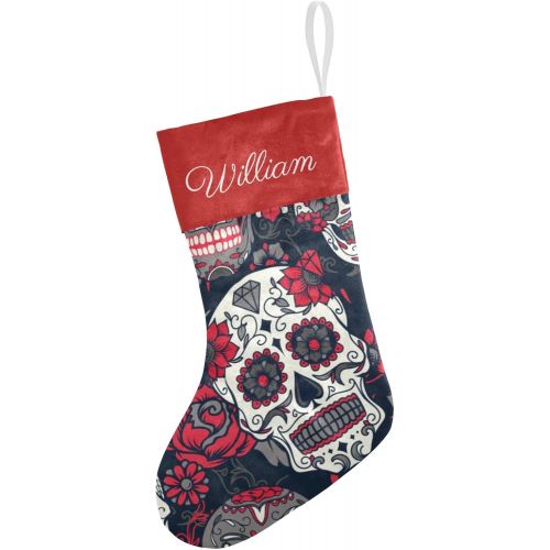  NZOOHY Sugar Skull Floral Personalized Christmas Stocking with Name, Custom Decoration Fireplace Hanging Stockings for Family Ornaments Holiday Party