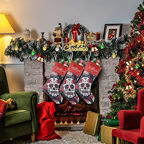  NZOOHY Sugar Skull Floral Personalized Christmas Stocking with Name, Custom Decoration Fireplace Hanging Stockings for Family Ornaments Holiday Party