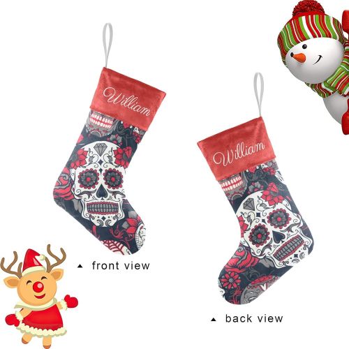  NZOOHY Sugar Skull Floral Personalized Christmas Stocking with Name, Custom Decoration Fireplace Hanging Stockings for Family Ornaments Holiday Party