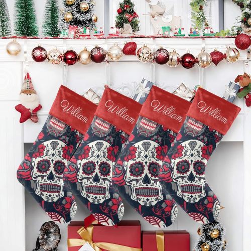  NZOOHY Sugar Skull Floral Personalized Christmas Stocking with Name, Custom Decoration Fireplace Hanging Stockings for Family Ornaments Holiday Party