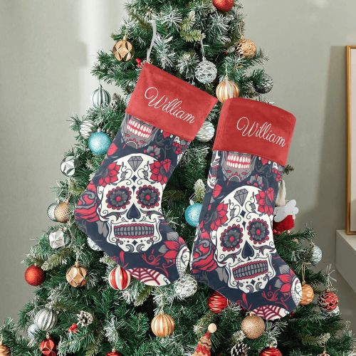  NZOOHY Sugar Skull Floral Personalized Christmas Stocking with Name, Custom Decoration Fireplace Hanging Stockings for Family Ornaments Holiday Party