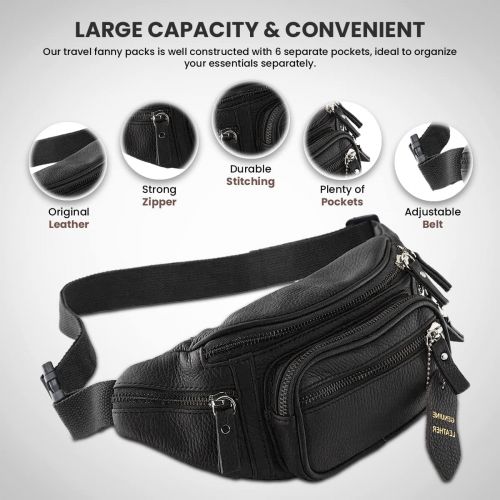  Nabob Leather Fanny Pack Waist Bag Multifunction Genuine Leather Hip Bum Bag Travel Pouch for Men and Women- Multiple Pockets & Sturdy Zippers Ideal for Hiking Running And Cycling