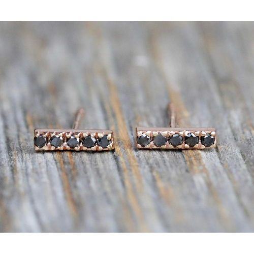  Nadean Designs Rose Gold Black Diamond Bar Stud Earring- Line- Bar Stud-14k Rose Gold- Real Black Diamond