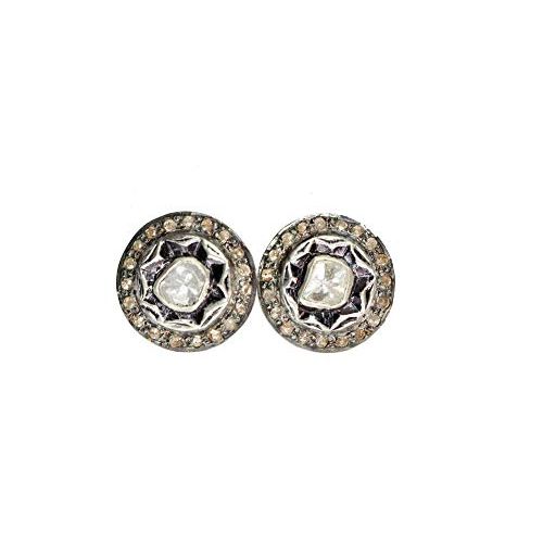  Nadean Designs Genuine Polki Diamond Sterling Silver Gold Mixed Metal Stud Earrings Rose Cut -13 mm