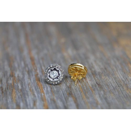  Nadean Designs Genuine Polki Diamond Sterling Silver Gold Mixed Metal Stud Earrings Rose Cut -13 mm