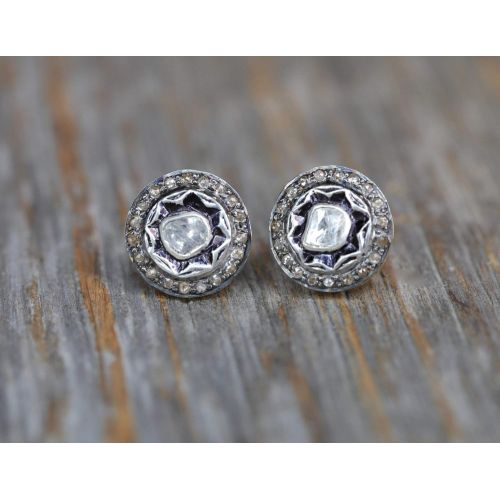  Nadean Designs Genuine Polki Diamond Sterling Silver Gold Mixed Metal Stud Earrings Rose Cut -13 mm