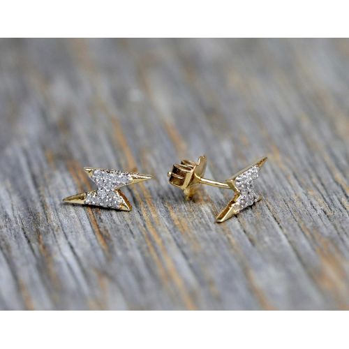  Nadean Designs Diamond Lightning Bolt Stud Earring- 14k Gold (.11ctw)-Genuine White Diamond