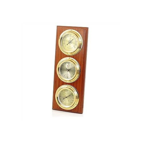  Rectangular Weather Station On Wooden Antique Finish Base | Round Solid Polished Brass Style Dials with Numerical Display | Hygrometer + Wall Clock + Thermometer | Marine Wall Decor Retro Ideas