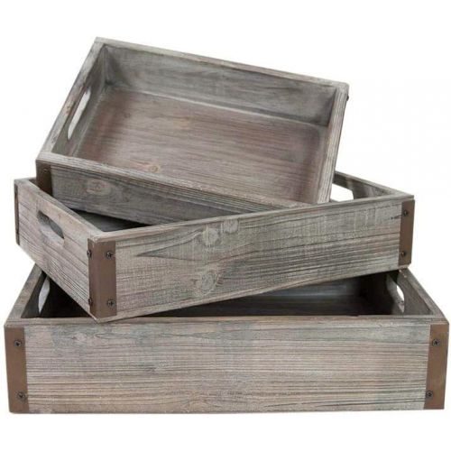  Gerson Wood Serving Trays, Rectangle Wood with Metal Corners, 13 - 17 inches, Metal Corners, Industrial, Rustic, Wedding, Event, Holiday, Party, Venue, Home Decor, (Set of 3)