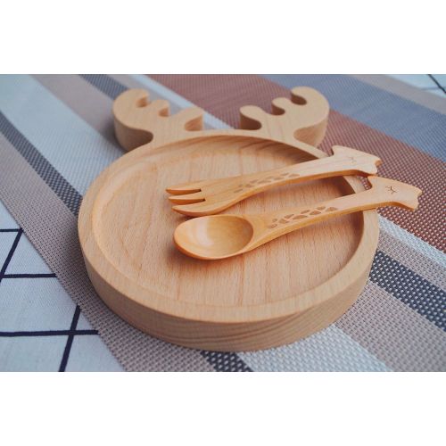  Naife Wooden Baby Toddler Feeding Plate - Set of 3pcs Includes Kids Plate, Animals Spoon and Fork,Break-Resistant,Small(Christmas Gift)