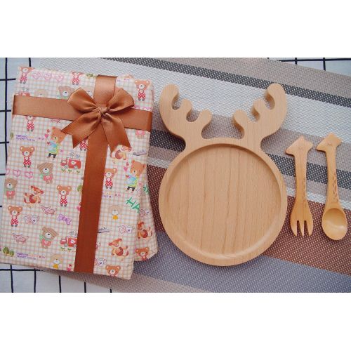  Naife Wooden Baby Toddler Feeding Plate - Set of 3pcs Includes Kids Plate, Animals Spoon and Fork,Break-Resistant,Small(Christmas Gift)