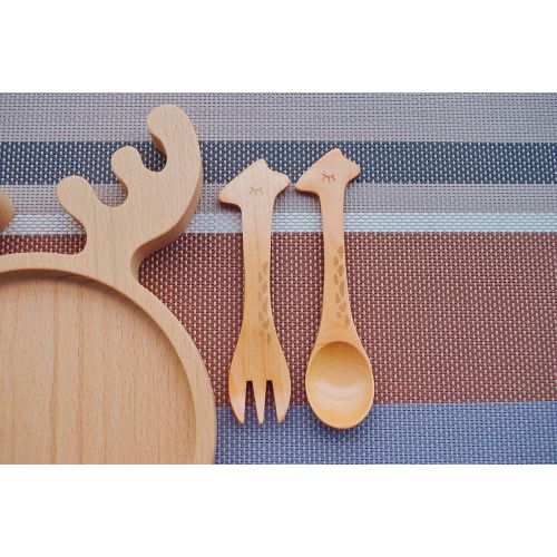  Naife Wooden Baby Toddler Feeding Plate - Set of 3pcs Includes Kids Plate, Animals Spoon and Fork,Break-Resistant,Small(Christmas Gift)