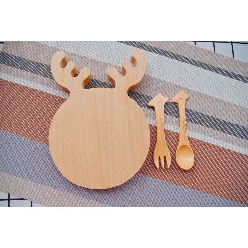  Naife Wooden Baby Toddler Feeding Plate - Set of 3pcs Includes Kids Plate, Animals Spoon and Fork,Break-Resistant,Small(Christmas Gift)