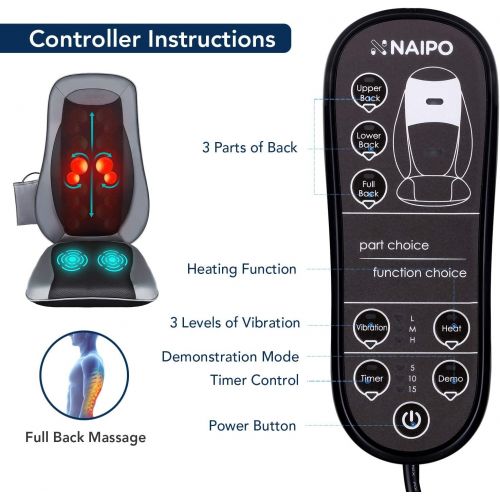  Naipo Shiatsu Back Massager Chair Pad with Heat & Vibrating Seat Massage Cushion for Shoulder Full Back Hips Muscle Relief, Use at Home Office Car