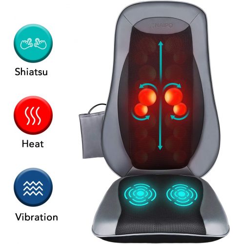  Naipo Shiatsu Back Massager Chair Pad with Heat & Vibrating Seat Massage Cushion for Shoulder Full Back Hips Muscle Relief, Use at Home Office Car