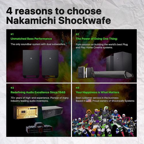  Nakamichi Shockwafe Elite 7.2.4 Channel 800W Dolby Atmos/DTS:X Soundbar with Dual 8” Subwoofers (Wireless) & 2 Rear Surround Speakers. Enjoy Plug and Play True 360° Cinema Sound &