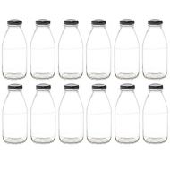 Nakpunar 12 pcs 10 oz Glass Bottle with Black Lid for Milk, Fruit Juice, Water, Sauces