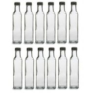 Nakpunar 12 Glass Bottles, 8.5 oz. w/Black Cap - Marasca, Quadra Bottle for Oil, salad dressing vinegar bottle, message in the bottle, wedding favors