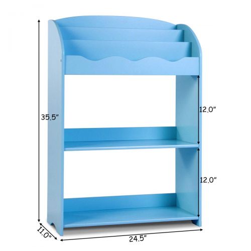  NanaPluz 35.5 Blue 3-Tiers Kids Storage Shelf Bookcase Furniture Teen Magazine Display Study Bookshelf Organizer with Ebook