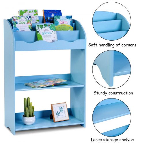  NanaPluz 35.5 Blue 3-Tiers Kids Storage Shelf Bookcase Furniture Teen Magazine Display Study Bookshelf Organizer with Ebook
