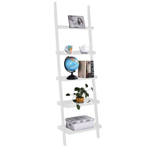  NanaPluz 74.8 White 5-Tier Functional Wall Leaning Ladder Shelf Bookcase Rack Plant Storage Display Bookshelf Stand Organizer with Ebook