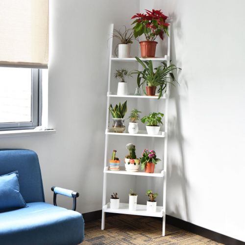  NanaPluz 74.8 White 5-Tier Functional Wall Leaning Ladder Shelf Bookcase Rack Plant Storage Display Bookshelf Stand Organizer with Ebook