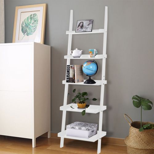  NanaPluz 74.8 White 5-Tier Functional Wall Leaning Ladder Shelf Bookcase Rack Plant Storage Display Bookshelf Stand Organizer with Ebook