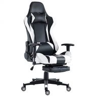 NanaPluz Black/White Rolling Office Racing Recliner Gaming Chair High Back Seat w/Retractible Footrest with Ebook