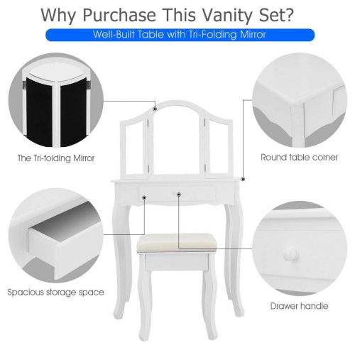  NanaPluz 27.5 L White Bathroom Vanity Makeup Table Cushioned Stool Set Tri Folding Mirror Dressing Desk Round Knob w/Drawer with Ebook