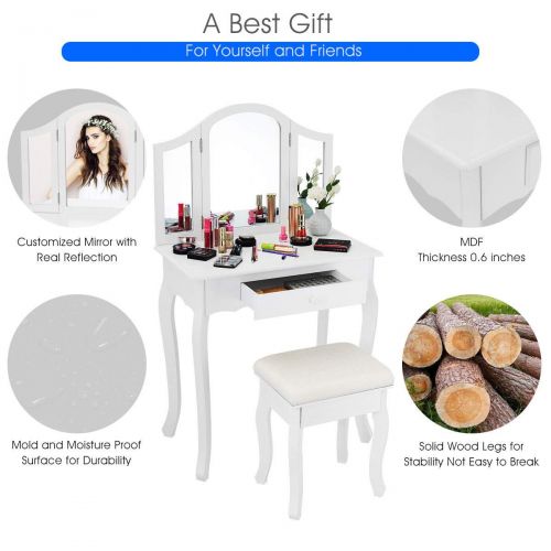  NanaPluz 27.5 L White Bathroom Vanity Makeup Table Cushioned Stool Set Tri Folding Mirror Dressing Desk Round Knob w/Drawer with Ebook