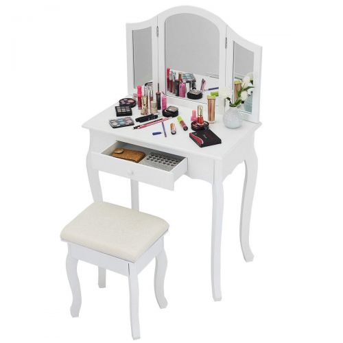  NanaPluz 27.5 L White Bathroom Vanity Makeup Table Cushioned Stool Set Tri Folding Mirror Dressing Desk Round Knob w/Drawer with Ebook