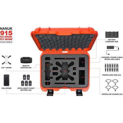  Nanuk 915 Waterproof Hard Drone Case with Custom Foam Insert for DJI Spark Flymore - Orange