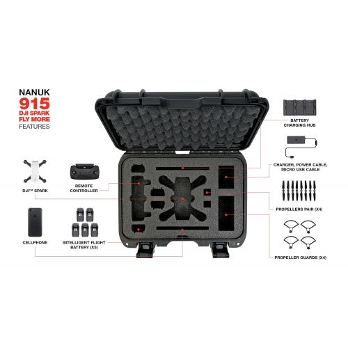  Nanuk 915 Waterproof Hard Drone Case with Custom Foam Insert for DJI Spark Flymore - Black