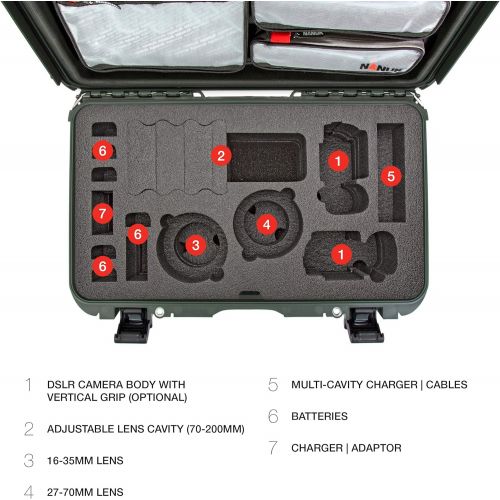  Nanuk 935 Waterproof Carry-on Hard Case with Lid Organizer and Foam Insert for Canon, Nikon - 2 DSLR Body and Lens/Lenses - Olive