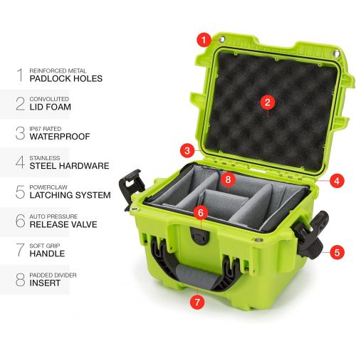  Nanuk 908 Waterproof Hard Case with Padded Divider - Lime