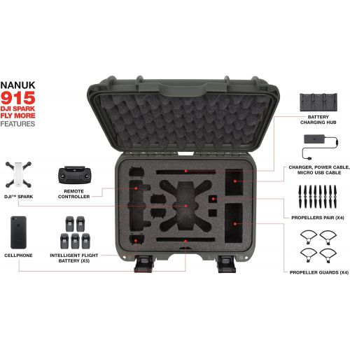  Nanuk 915 Waterproof Hard Drone Case with Custom Foam Insert for DJI Spark Flymore - Olive