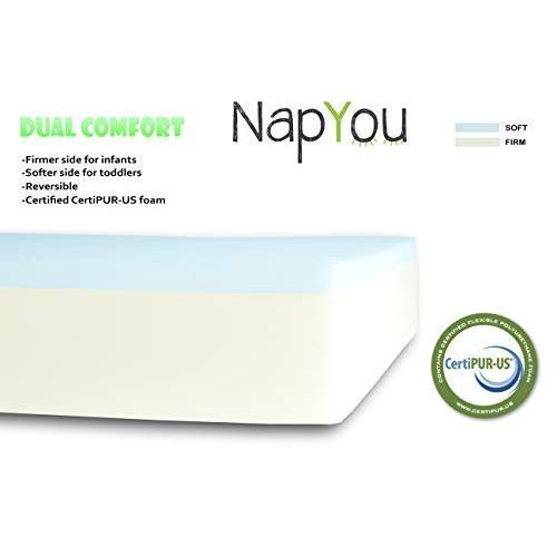  Official Amazon Exclusive NapYou Dual Comfort Crib Mattress, Firm Side for Infant & Soft Side for Toddler with 100% Waterproof Cover Made with Organic Cotton - Reversible Baby Matt