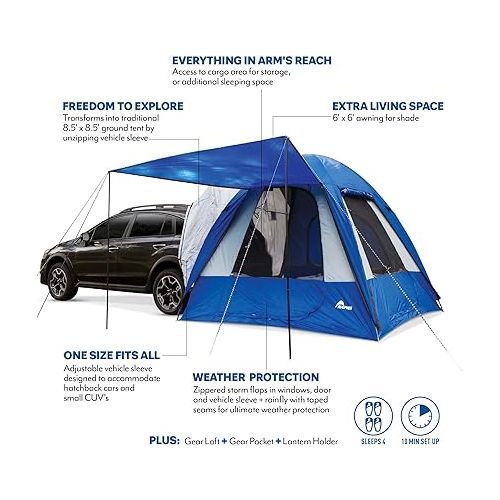  Napier Sportz Hatchback and Small CUV Tent 8'x8' Waterproof Camping Tent with Awning 4 Person Blue/Grey Car Tent